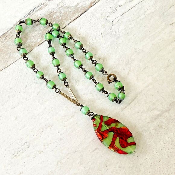 Vintage Czech Art Glass Pendant Necklace Green with Red Lava Silver Tone 16 in - Picture 5 of 6